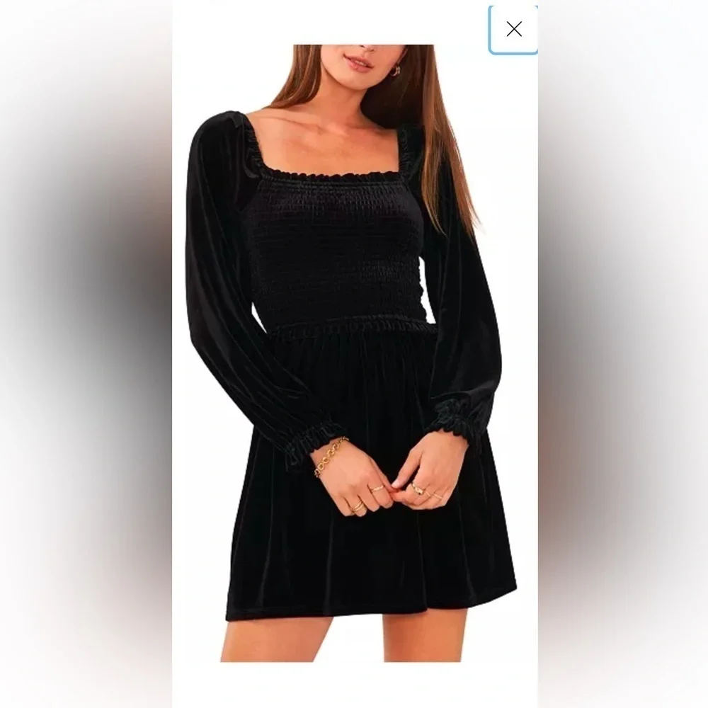 1.STATE Women's Velvet Dress Smocked Bodice Long Sleeve Size Medium Black short